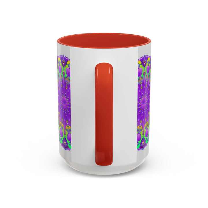 A beautiful purple mandala design adorns a grey mug, creating a vibrant and eye-catching piece of art