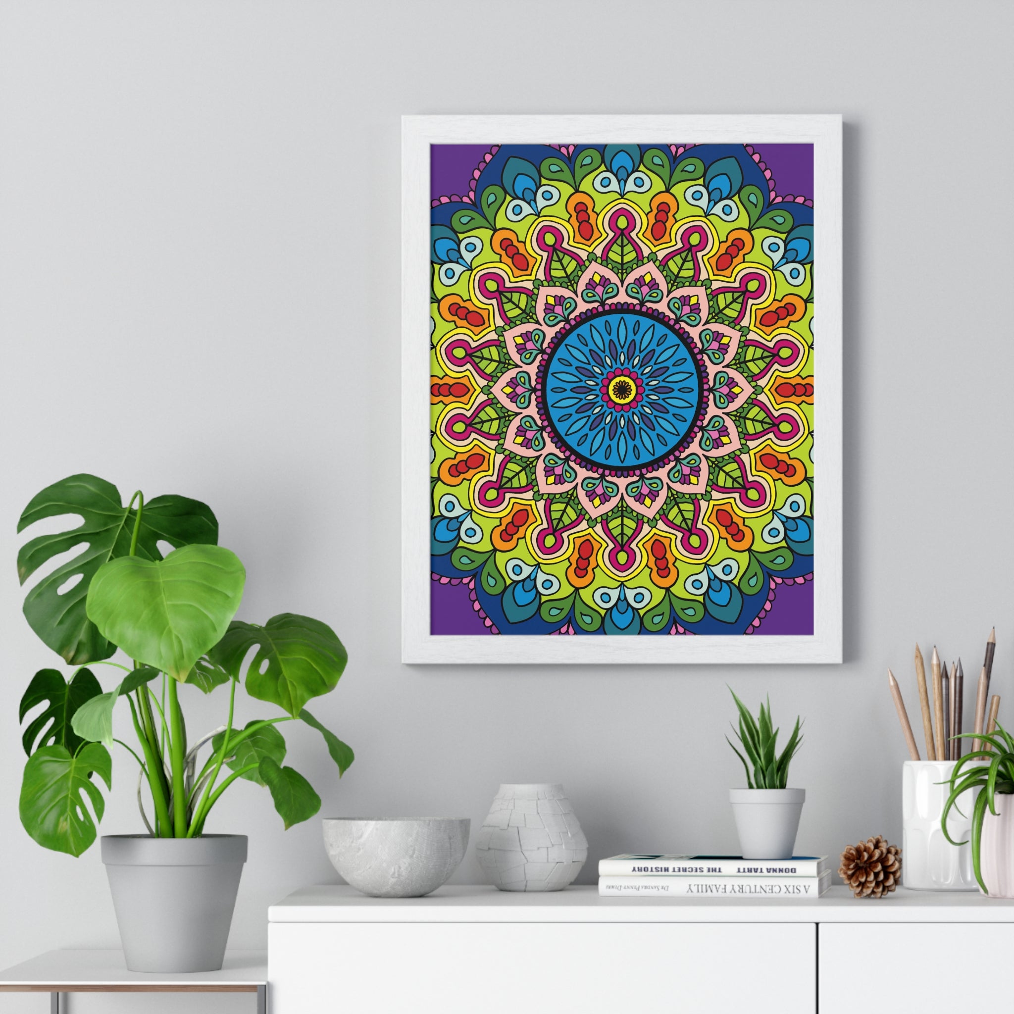 Beautiful mandala art, meticulously drawn by hand, framed in a vertical poster, perfect for mindfulness and yoga practices