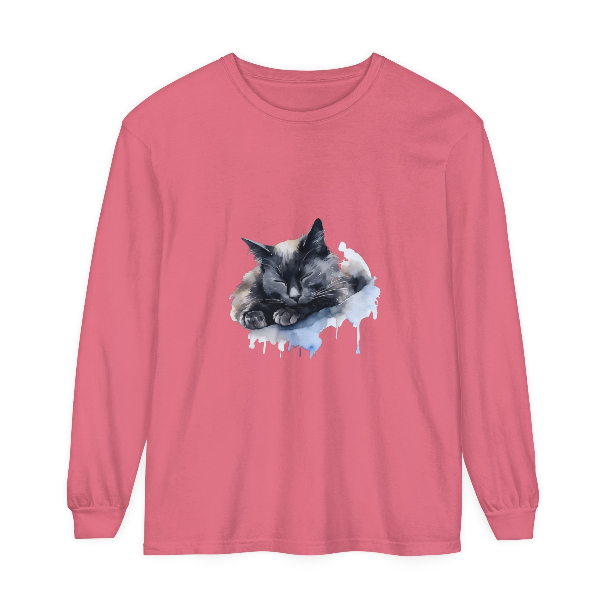 A watercolor illustration of a sleeping cat on a comfortable t-shirt