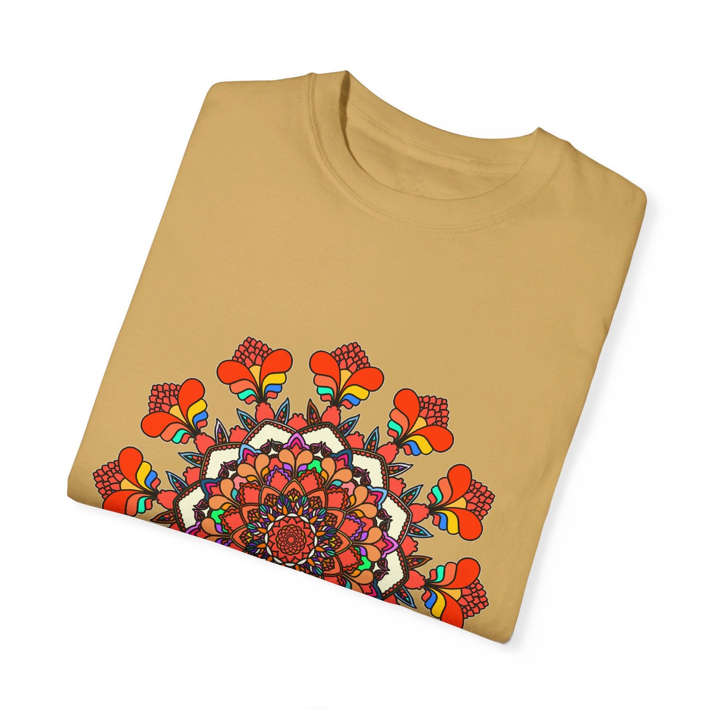 Unisex Mandala T-Shirt made of 100% ring-spun cotton, featuring hand-drawn mandala art and garment-dyed for extra comfort