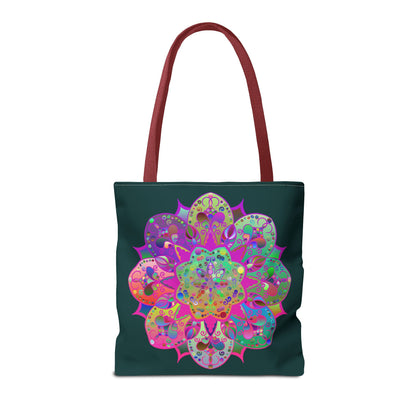 Dark green tote bag showcasing a beautiful and vibrant mandala design