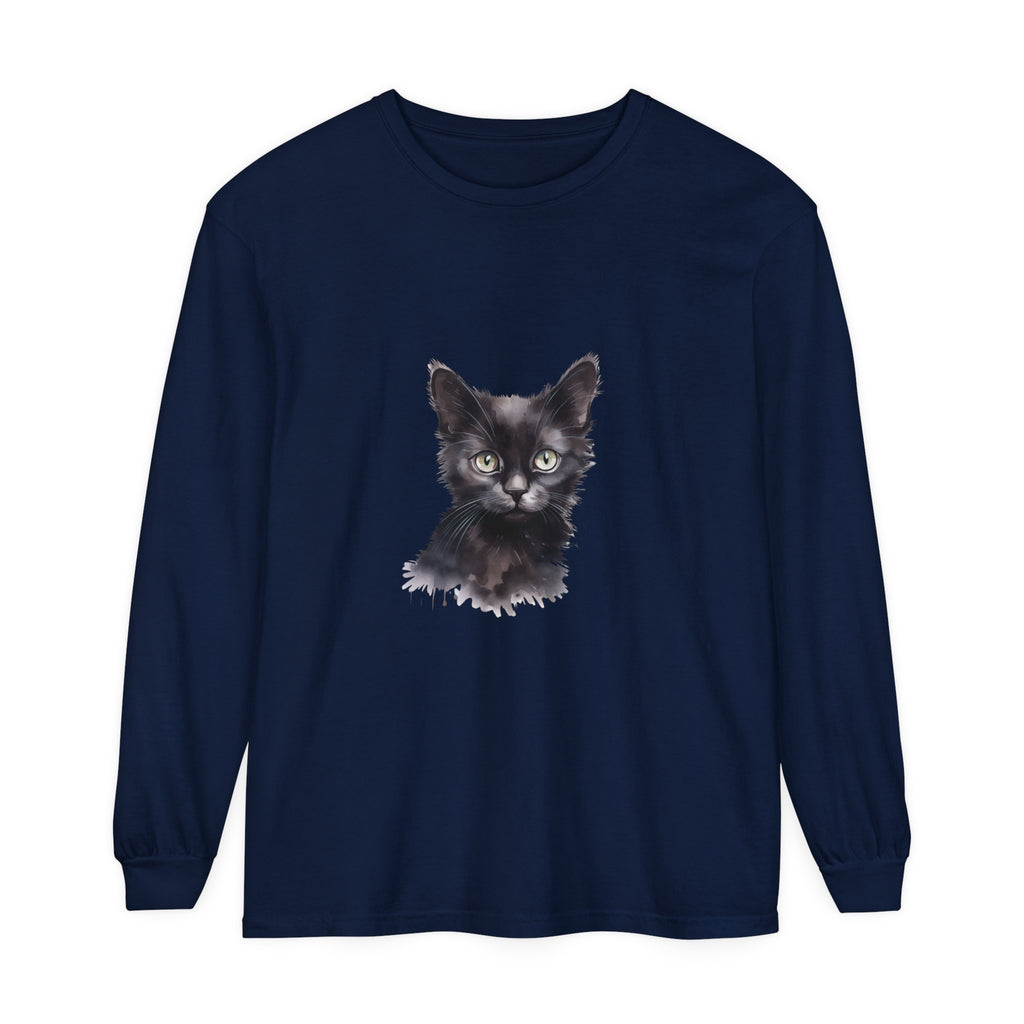 Black Cat Watercolor Long Sleeve T-Shirt with vibrant watercolor design