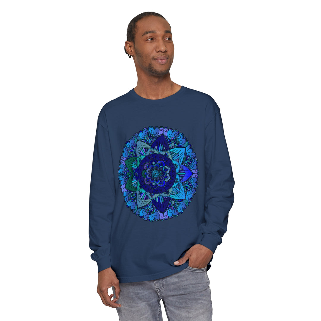 Dark blue and green mandala design long sleeve t-shirt for women