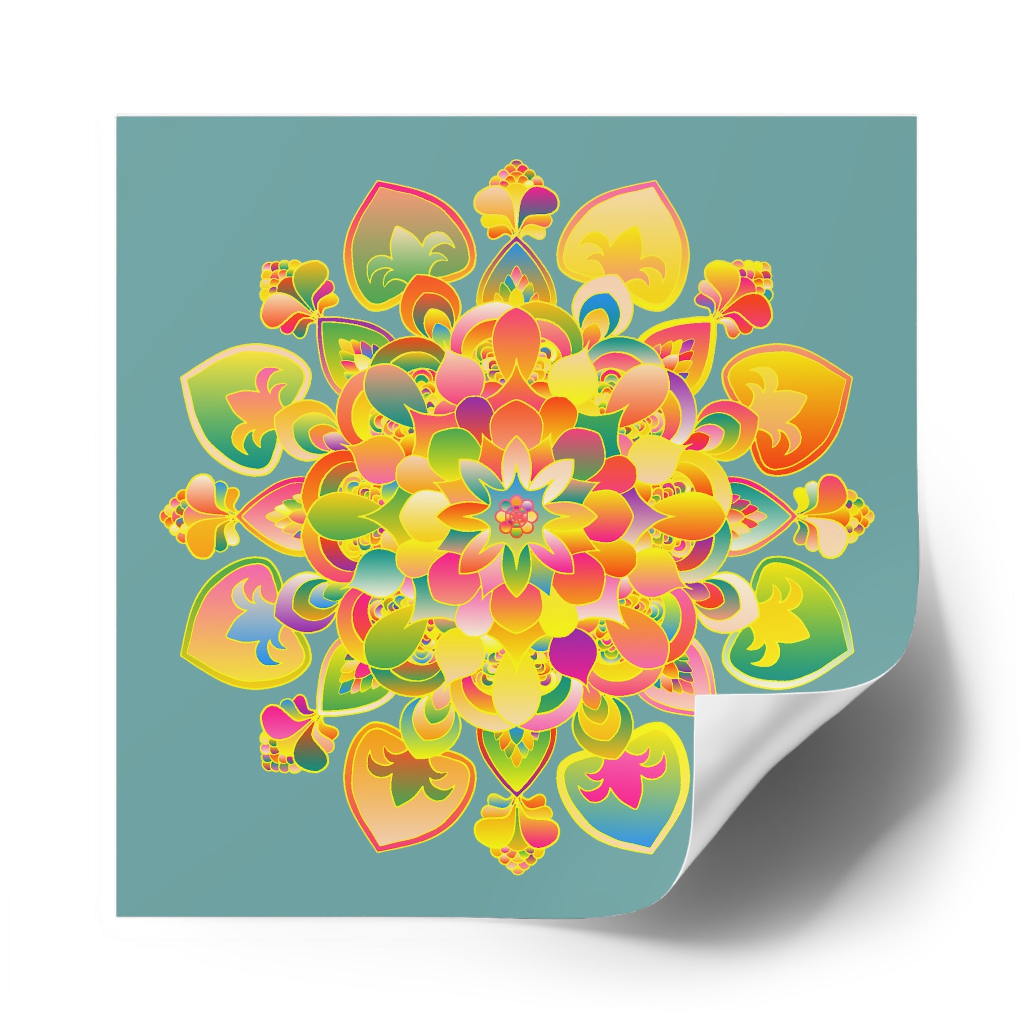 Handgezeichnete Mandala-Laminieraufkleber – Gold, Rot und Grün auf gräulich-türkis
