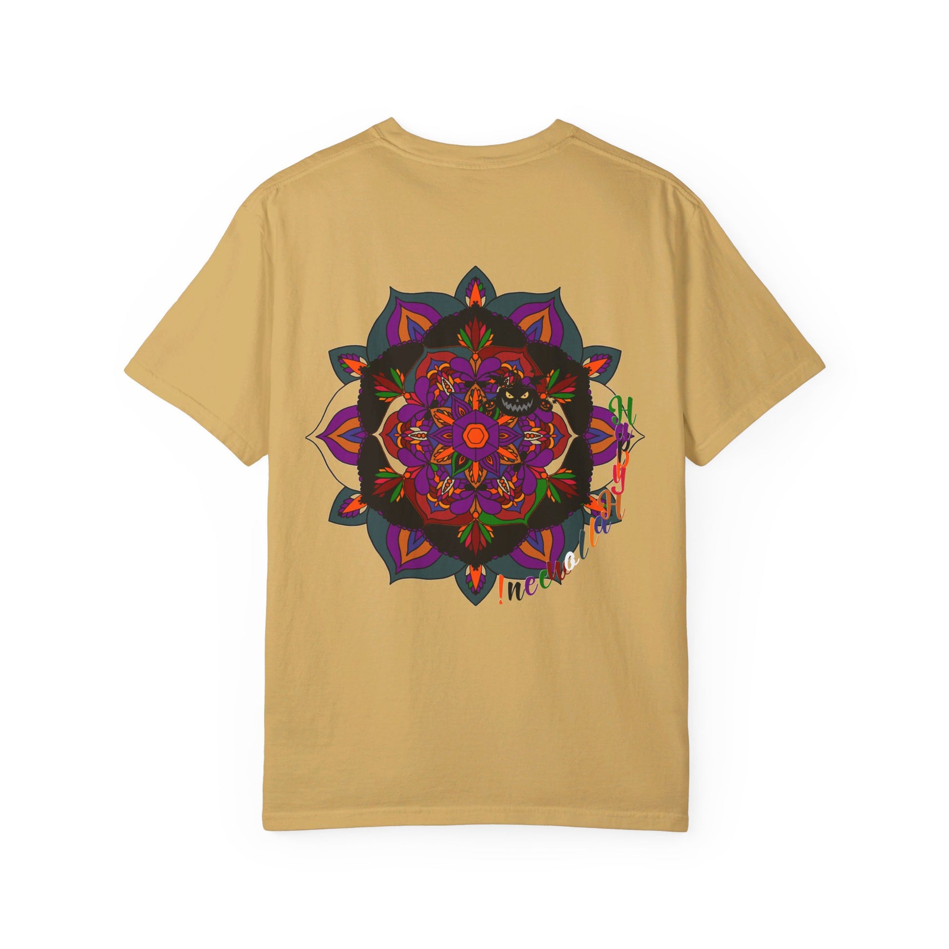 Handmade Mandala Design Halloween T-shirt featuring intricate black and orange mandala pattern, perfect for both men and women