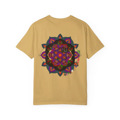 Handmade Mandala Design Halloween T-shirt featuring intricate black and orange mandala pattern, perfect for both men and women