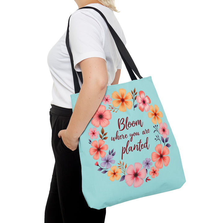 Handmade floral tote bag with the quote 'Bloom Where You Are Planted' available in 3 sizes