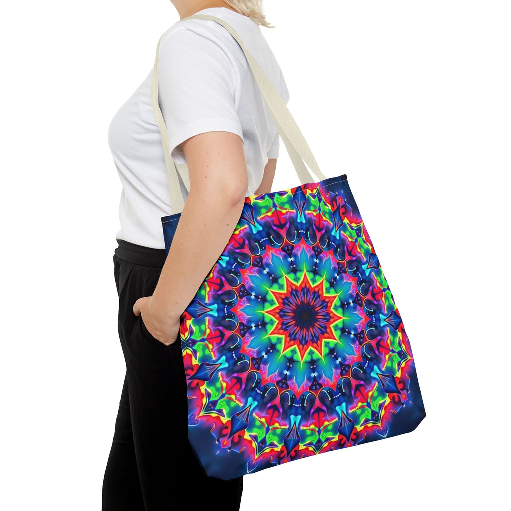 Colorful psychedelic mandala tote bag with intricate patterns and vibrant hues