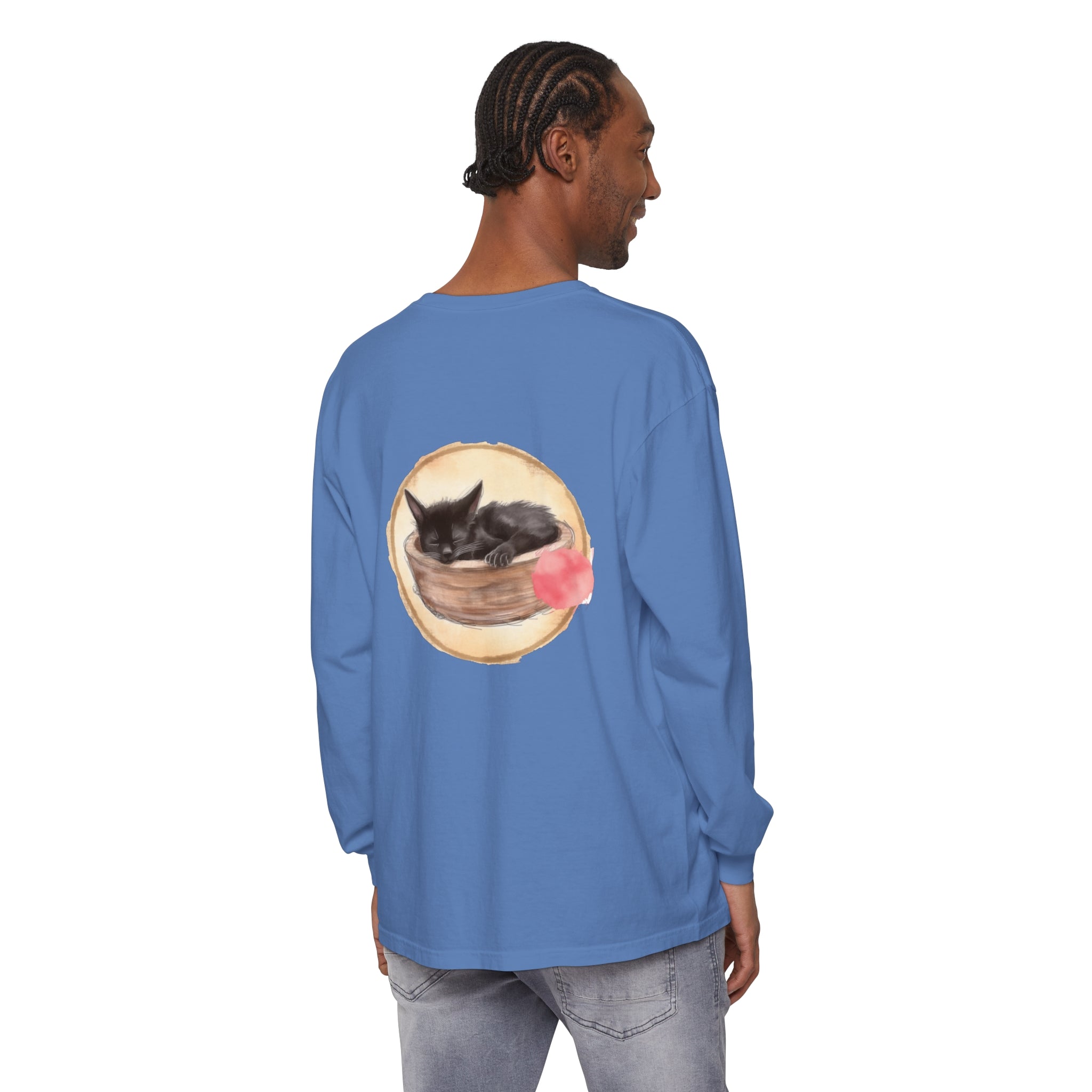 Adorable watercolor illustration of a sleeping cat in a bowl on a long sleeve t-shirt