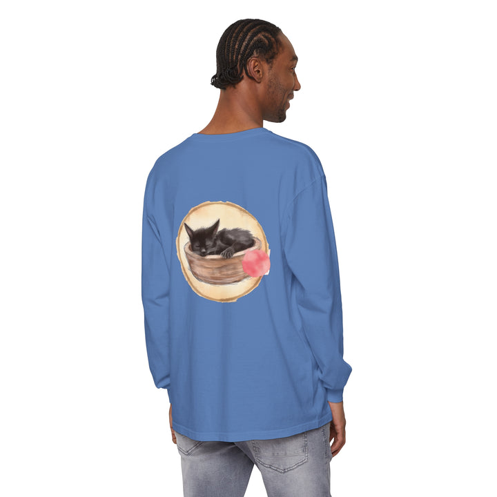 Adorable watercolor illustration of a sleeping cat in a bowl on a long sleeve t-shirt