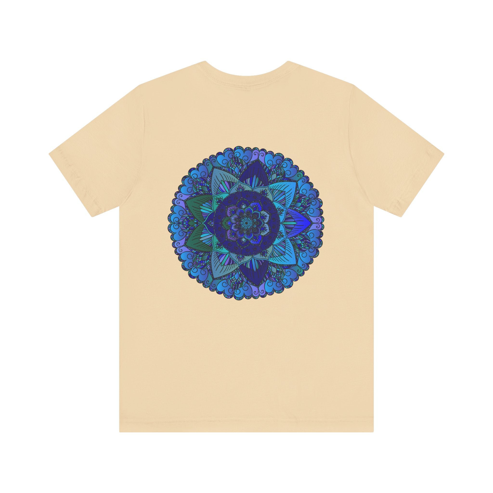 Beautiful blue mandala t-shirt with intricate spiritual design promoting peace and harmony