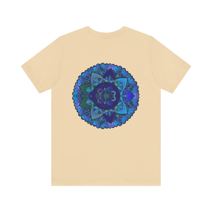 Beautiful blue mandala t-shirt with intricate spiritual design promoting peace and harmony