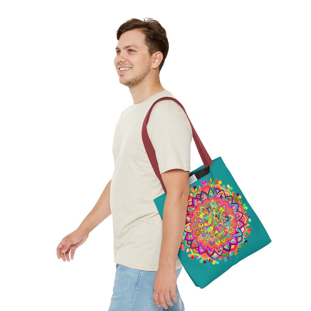 Large aquamarine tote bag featuring a vibrant and intricate mandala art design