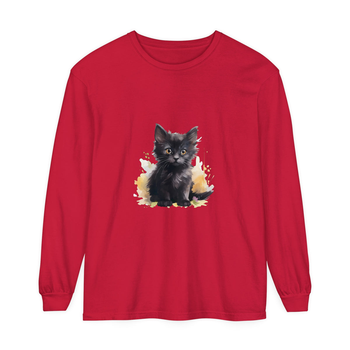 Black Kitten Watercolor Splash T-Shirt featuring a playful kitten design in vibrant watercolor tones, perfect for cat lovers and animal enthusiasts