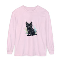 Beautiful watercolor painting of a black kitten on a long sleeve T-shirt