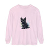 Beautiful watercolor painting of a black kitten on a long sleeve T-shirt