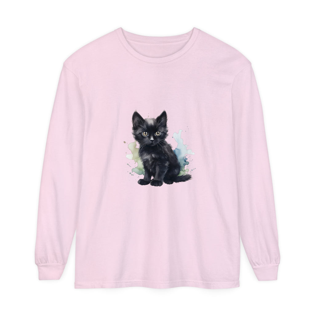 Beautiful watercolor painting of a black kitten on a long sleeve T-shirt