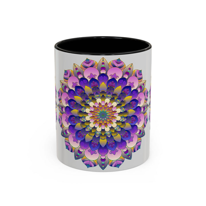 A beautifully designed mandala art mug with vibrant colors on a grey background