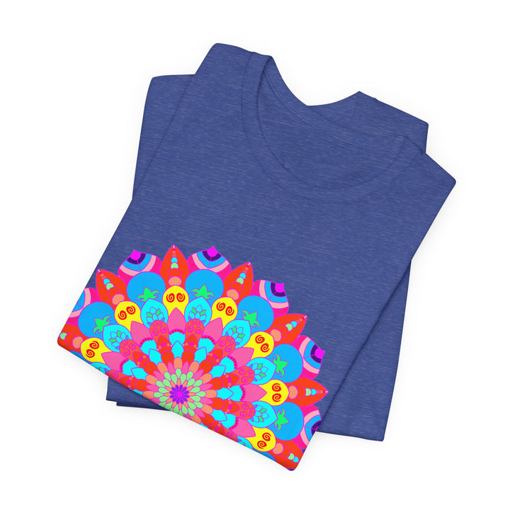 Vibrant and intricate mandala design on a t-shirt, featuring a psychedelic art style in a variety of bright colors