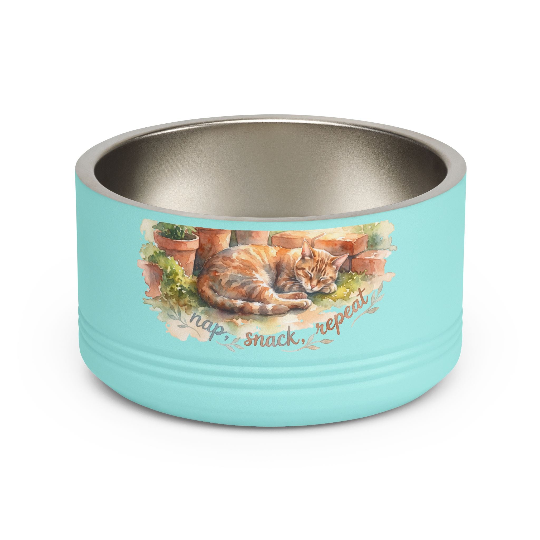 18oz Ceramic Pet Bowl — Watercolor Ginger Cat "Nap. Snack. Repeat."