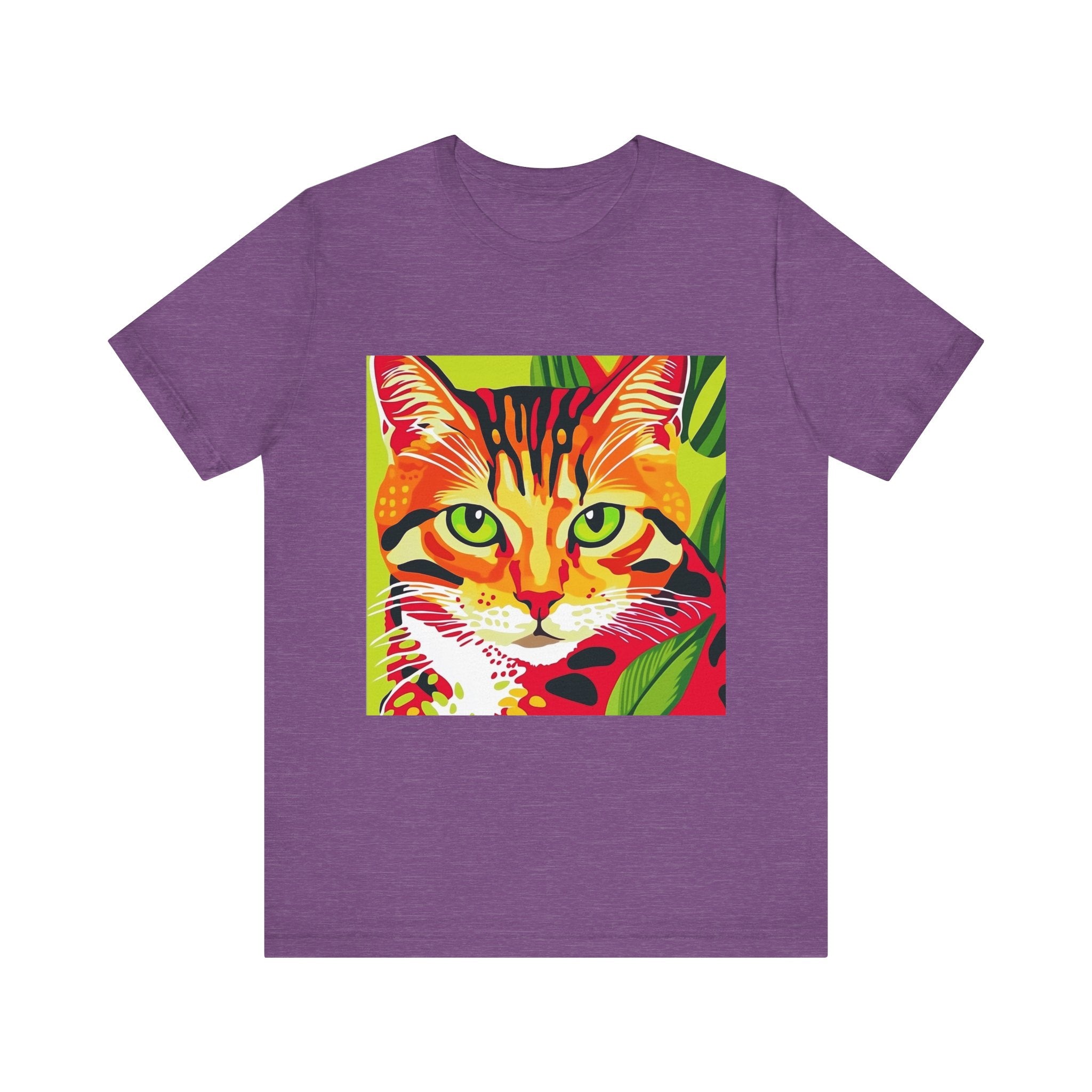 A close-up image of a white short sleeve tee with a vibrant and colorful striped cat design, perfect for cat lovers and casual wear