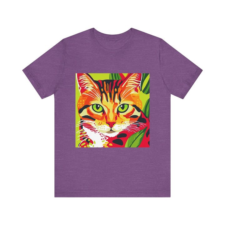 A close-up image of a white short sleeve tee with a vibrant and colorful striped cat design, perfect for cat lovers and casual wear