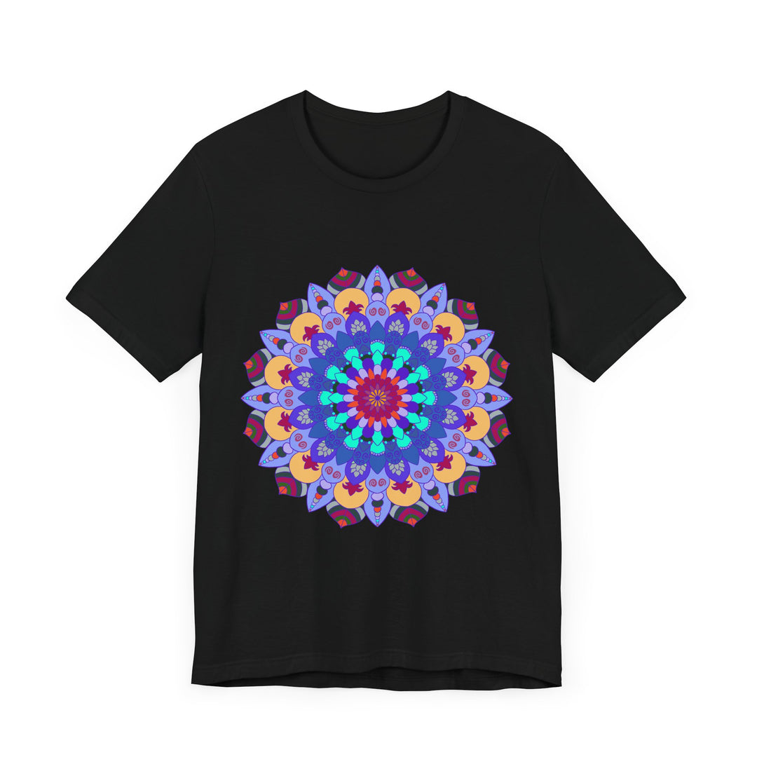 A vibrant and colorful mandala tee featuring intricate spiritual art