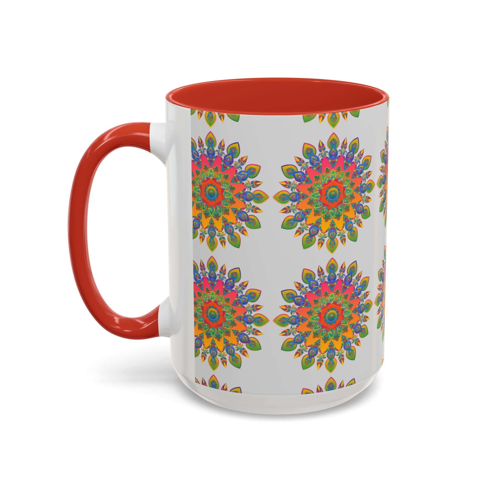 Colorful and detailed mandala artwork on a grey ceramic mug