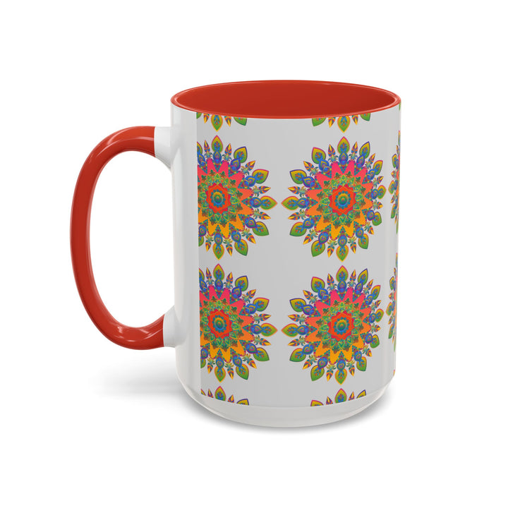 Colorful and detailed mandala artwork on a grey ceramic mug