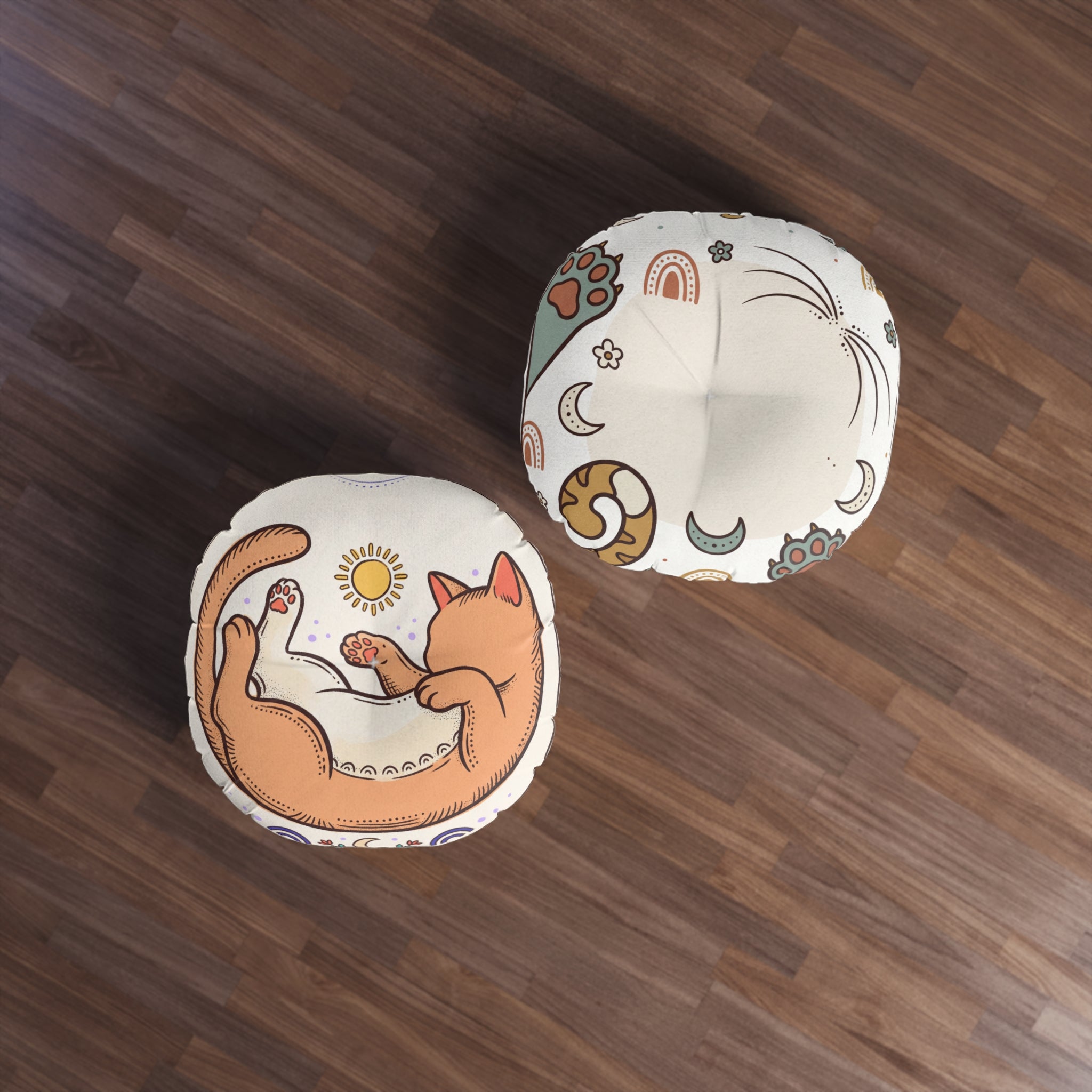 Curled Cat Boho Round Floor Pillow