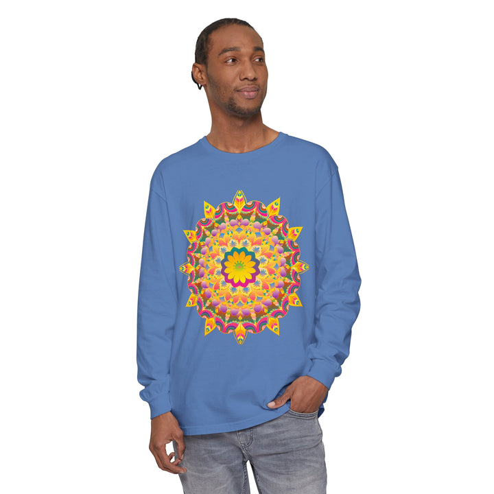 Colorful and intricate long sleeve t-shirt featuring a psychedelic mandala design