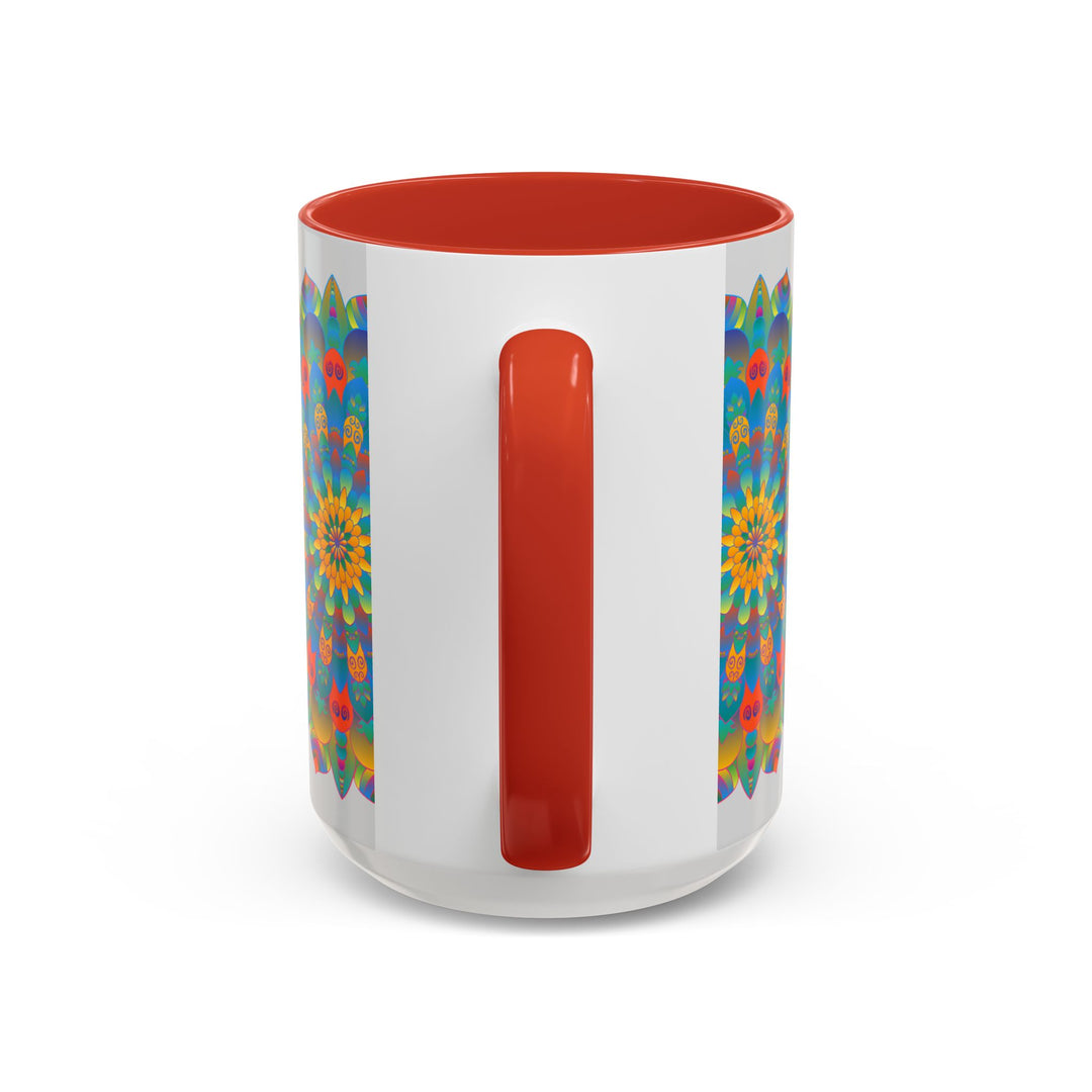 Handcrafted ceramic mug featuring a vibrant mandala design in yellow, orange, and blue colors, perfect for enjoying your favorite hot beverages