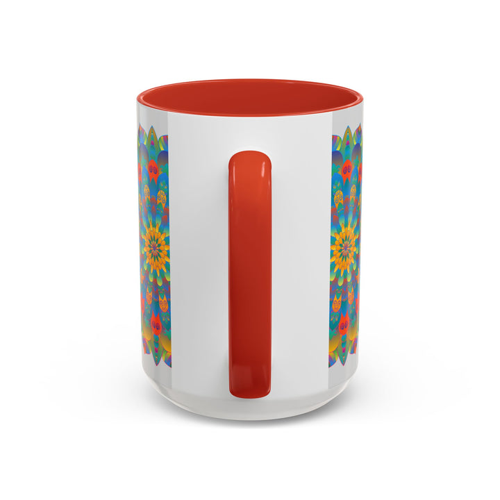 Handcrafted ceramic mug featuring a vibrant mandala design in yellow, orange, and blue colors, perfect for enjoying your favorite hot beverages