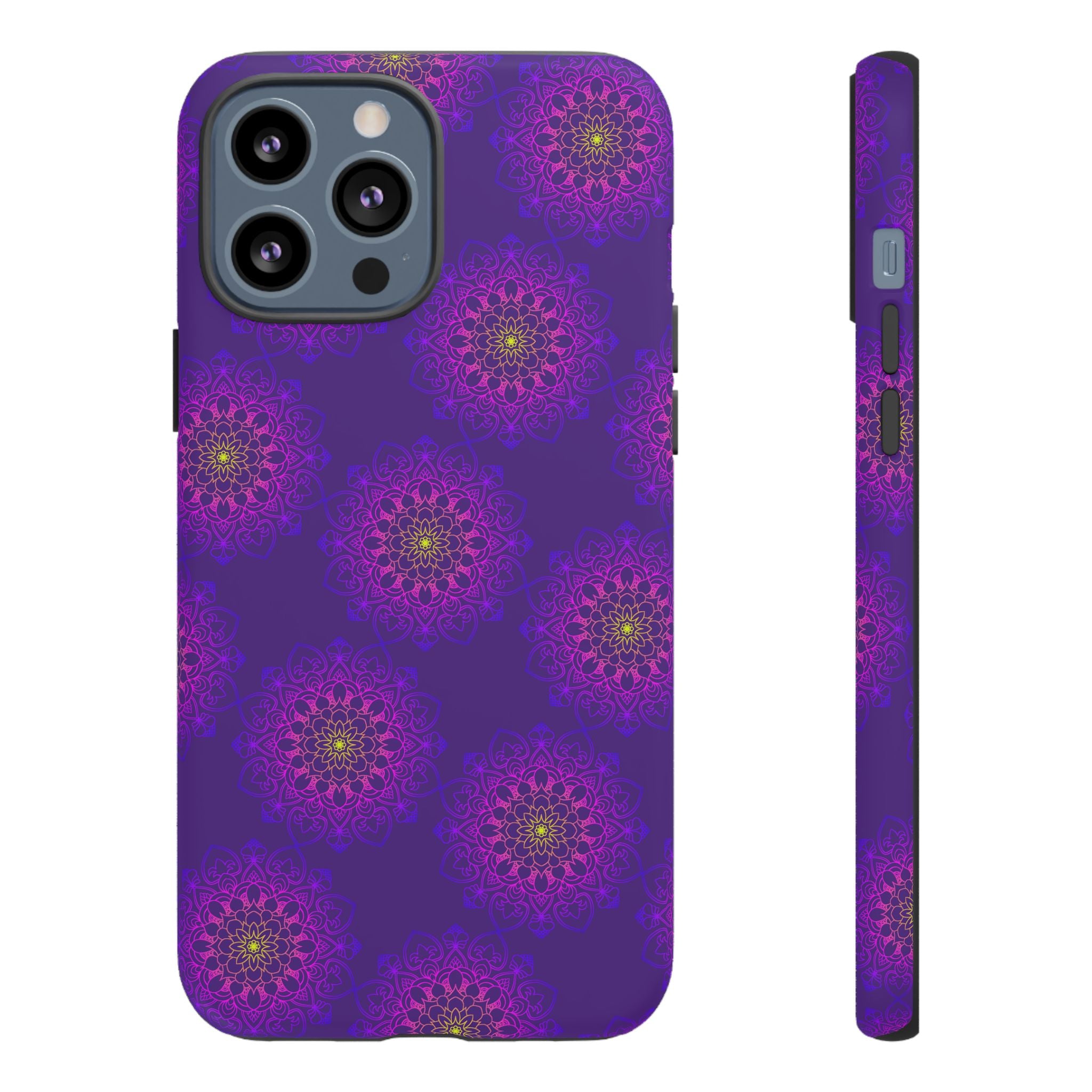 Custodia per iPhone con motivo floreale viola intricato e audace motivo mandala