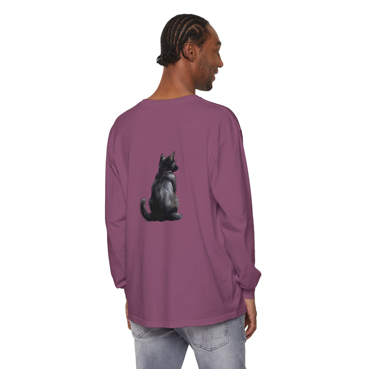 Black Cat Mystery unisex long sleeve tee, featuring a bold graphic of a sleek black cat on a comfortable and stylish black shirt, perfect for cat lovers and mystery enthusiasts alike