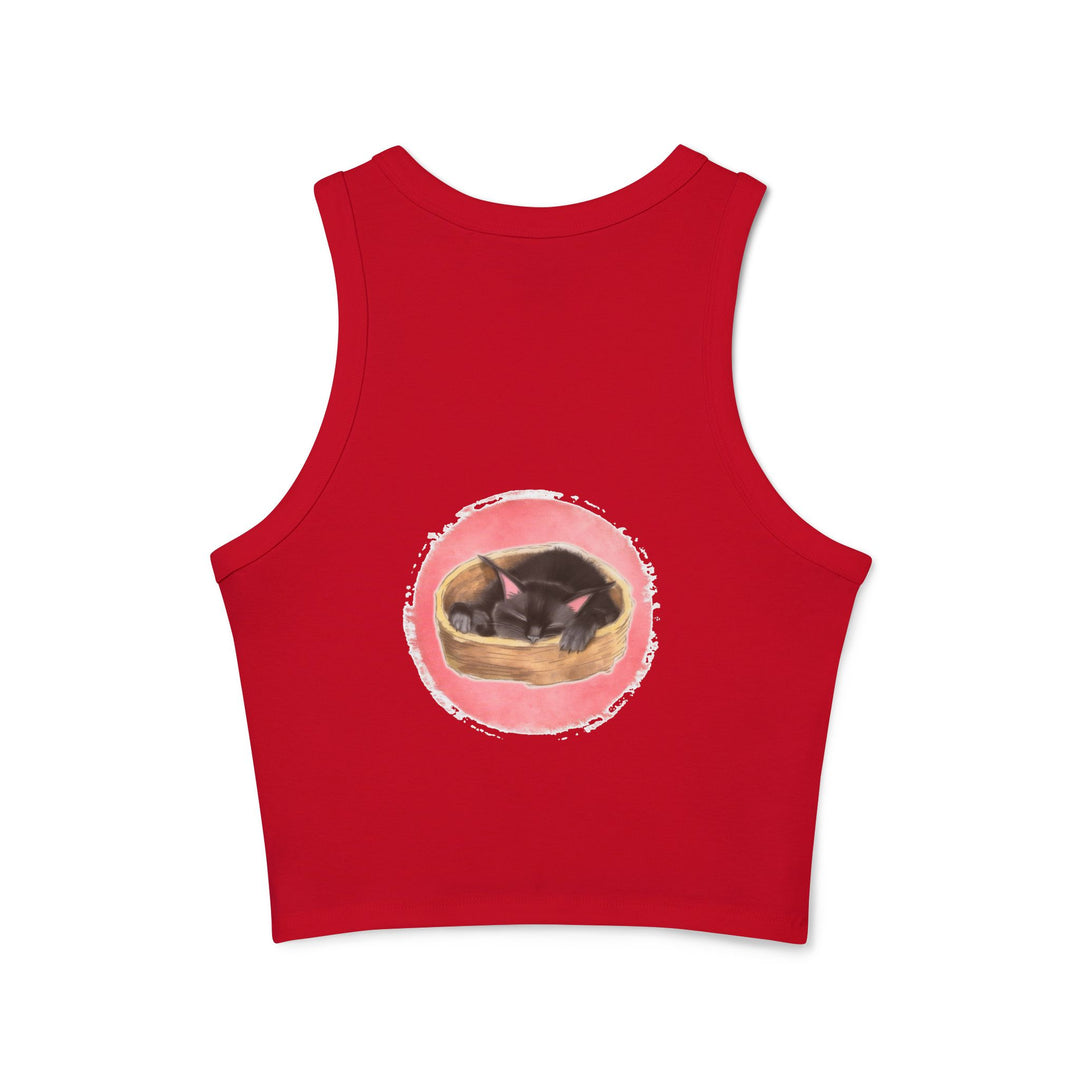 A comfortable and stylish black racerback tank top featuring a sleeping cat design Great for casual wear or lounging at home