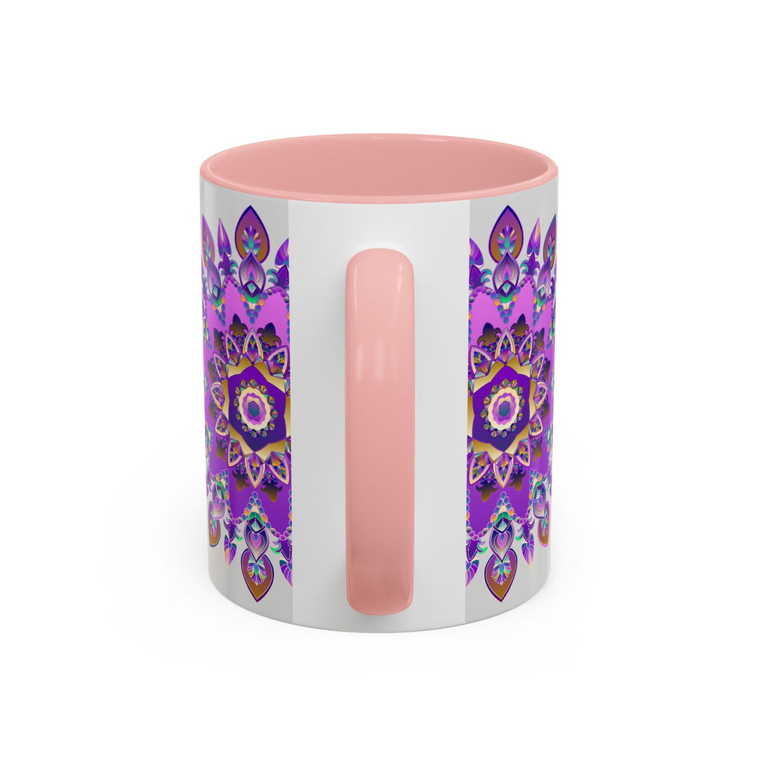 Beautiful purple and gold mandala mug featuring intricate bohemian art design