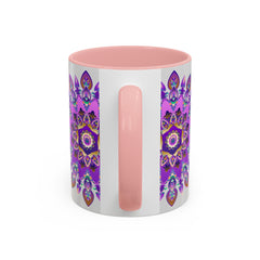 Beautiful purple and gold mandala mug featuring intricate bohemian art design