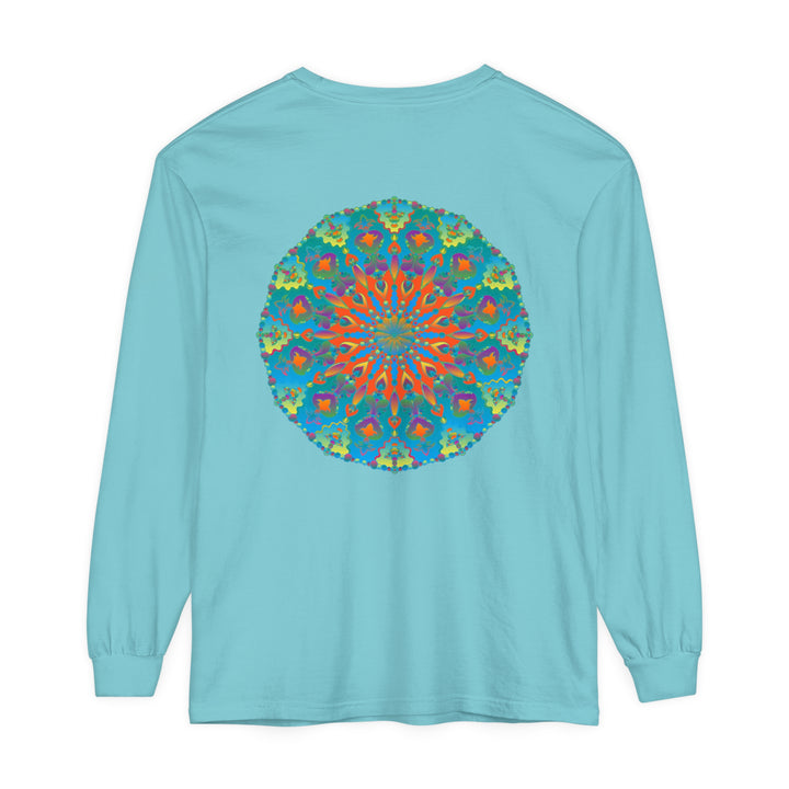 Colorful long sleeve T-shirt featuring a vibrant rainbow mandala design