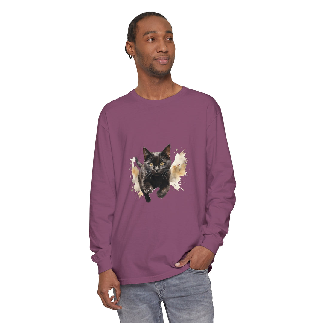 Black Cat Watercolor Sprint Unisex T-Shirt, a comfortable and stylish shirt with a colorful watercolor design of a black cat, perfect for animal lovers and art enthusiasts