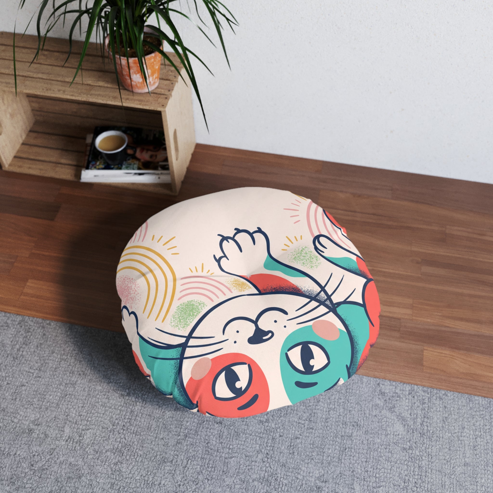 Boho Cat Hug Round Floor Pillow