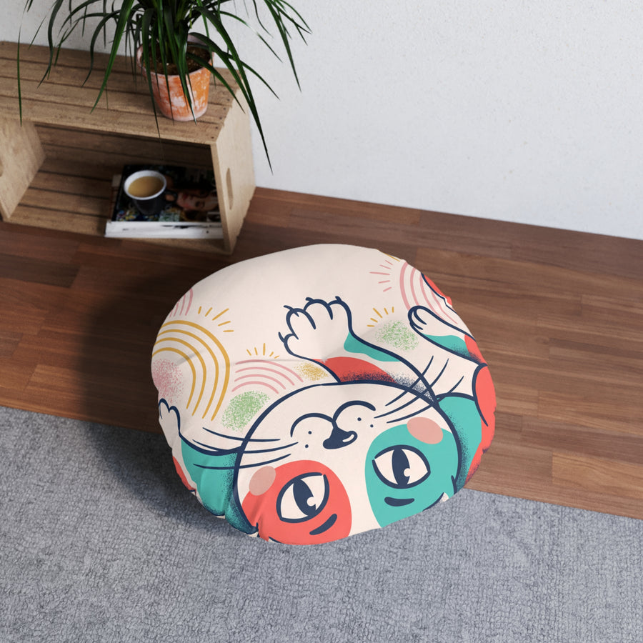 Boho Cat Hug Round Floor Pillow