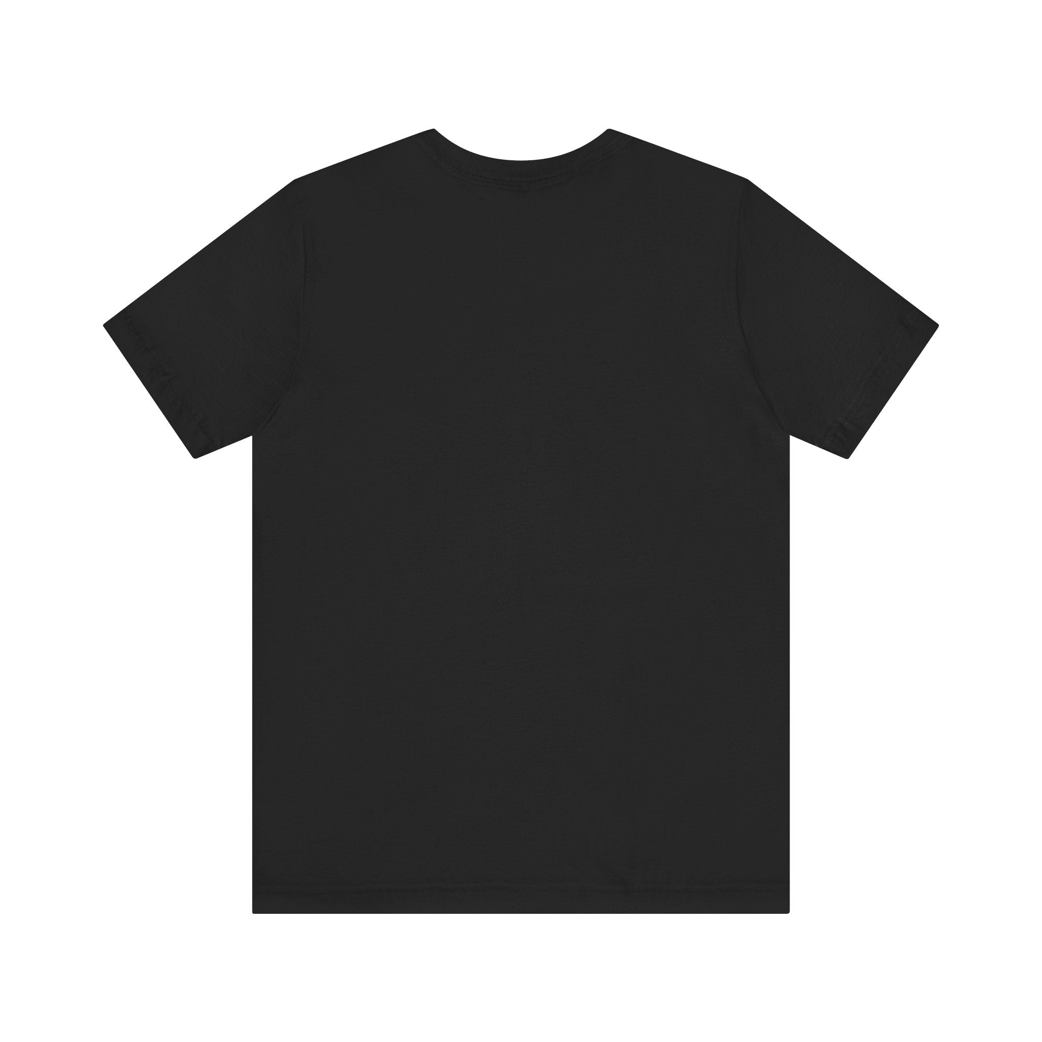 A black t-shirt with a colorful paint splatter design, inspired by mystery and intrigue, featuring a striking black cat silhouette