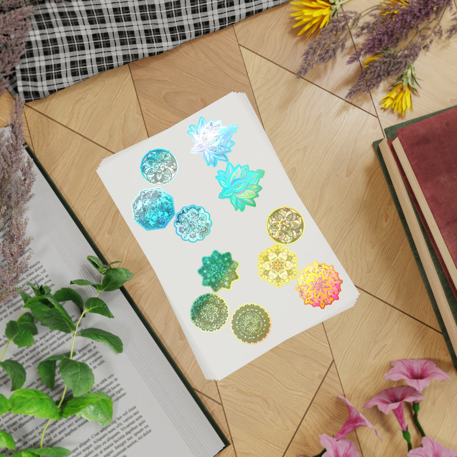 Holographic Mandala Lotus Sticker Sheet — 5-Pack Decorative Window & Journal Decals