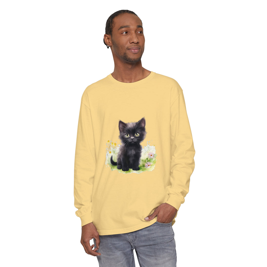 A cute black kitten playing in a colorful flower garden, printed on a long sleeve t-shirt