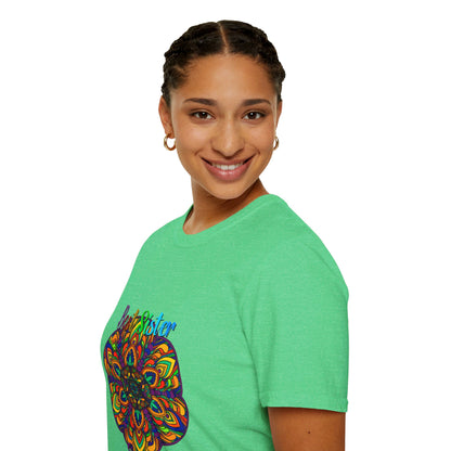 Colorful mandala art gift for sister unisex softstyle t-shirt with hand-drawn design