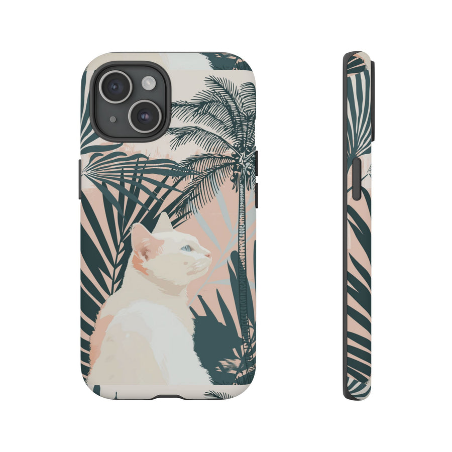 Tropical Cat Phone Case with Lush Palm Motifs and Soft Pastels