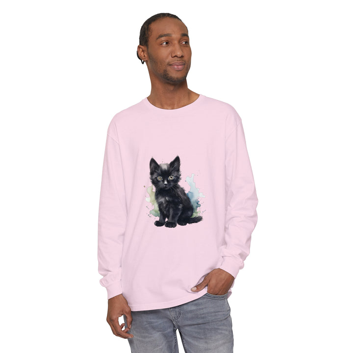 Black watercolor long sleeve t-shirt featuring adorable kitten design on front