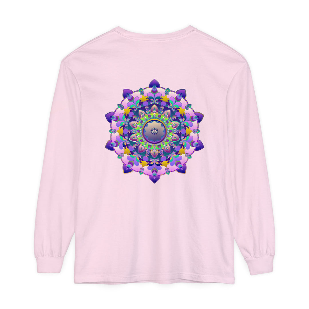 Colorful and intricate mandala design printed on a unisex long sleeve t-shirt