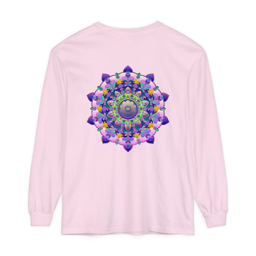 Colorful and intricate mandala design printed on a unisex long sleeve t-shirt